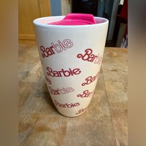 Ceramic Barbie Mug with Pink Lid Pink and White Travel Coffee Cup